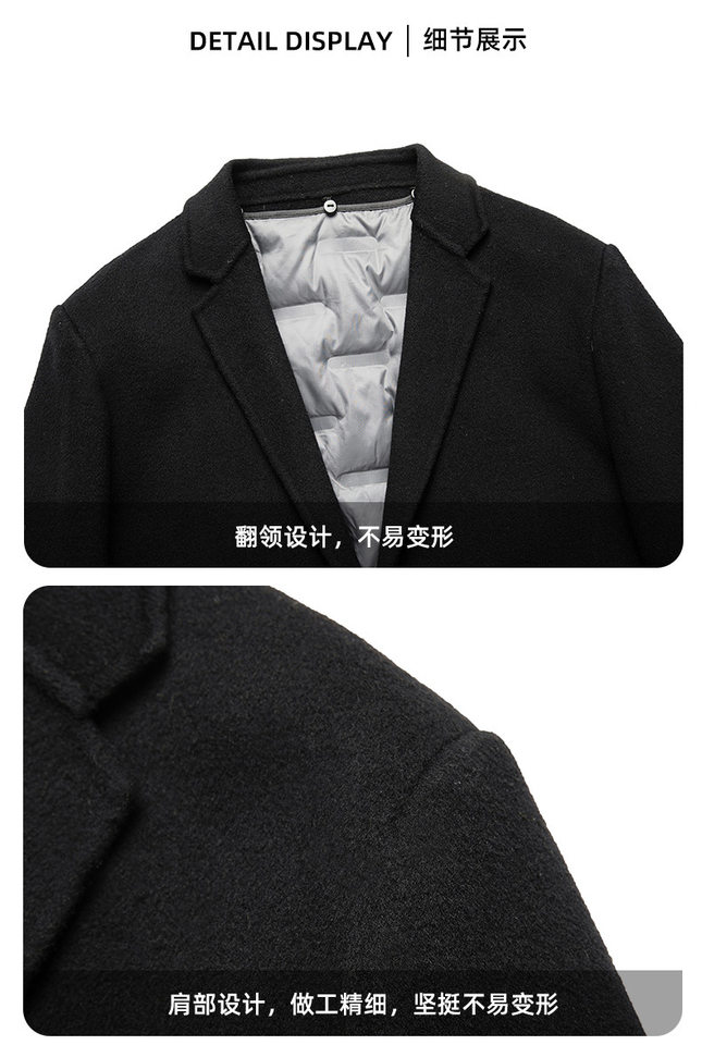 Áo vest nam dạ len hai mặt có lớp lót lông vũ tháo rời, tay dài, cổ vest — Cà phê xám, màu xám đậm, đen chi tiết 17