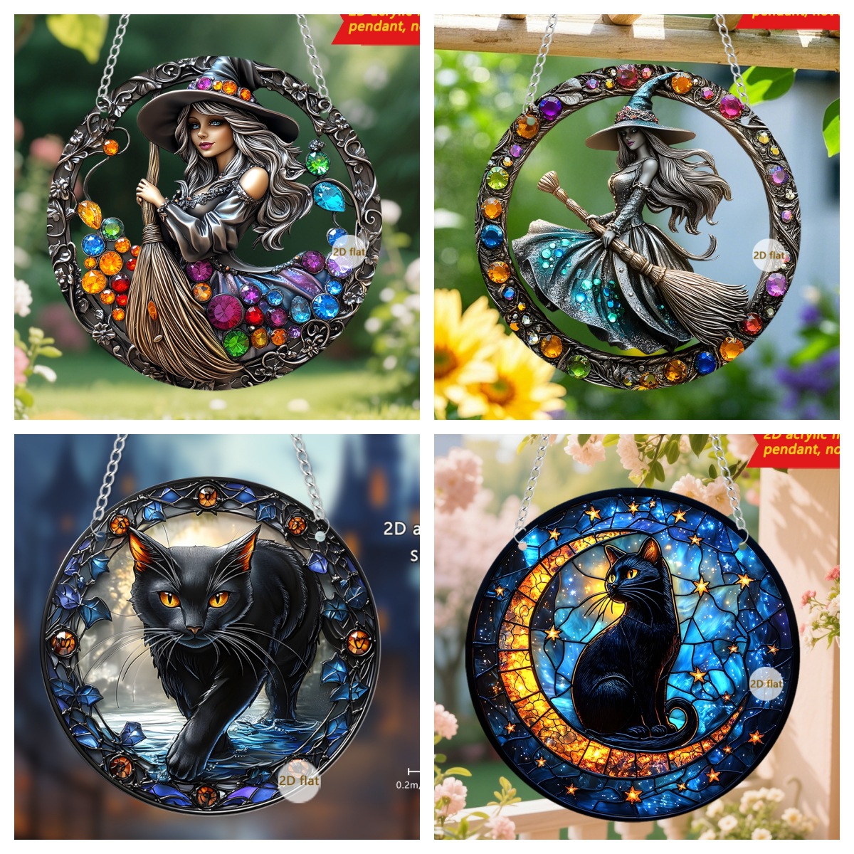 Bruja de Halloween transfronteriza montar escobas gatos negros acrílicos 2D decoración de ventanas de vacaciones porche colgante decoración