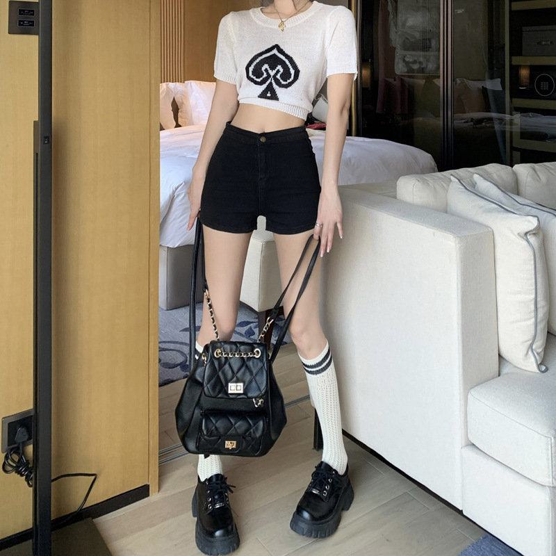 Black Denim Shorts Women's Summer Thin Design Sense Stretch Hot Pants A- line High Waist Slimming Split Pants Ins