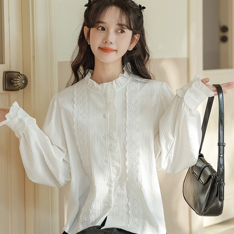 Spring Style French Gentle Style Lace Splicing Stand Collar Lantern Sleeve Long Sleeve White Shirt Shirt For Women