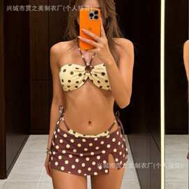 ins风韩系撞色波点纯欲挂脖分体泳衣女抹胸比基尼三件套裙式泳装
