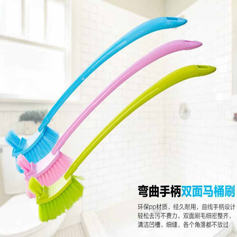 Creativo de plástico curvado mango largo cepillo de inodoro de doble cara todos los aspectos sin ángulo muerto cepillo limpieza del inodoro cepillo multiusos