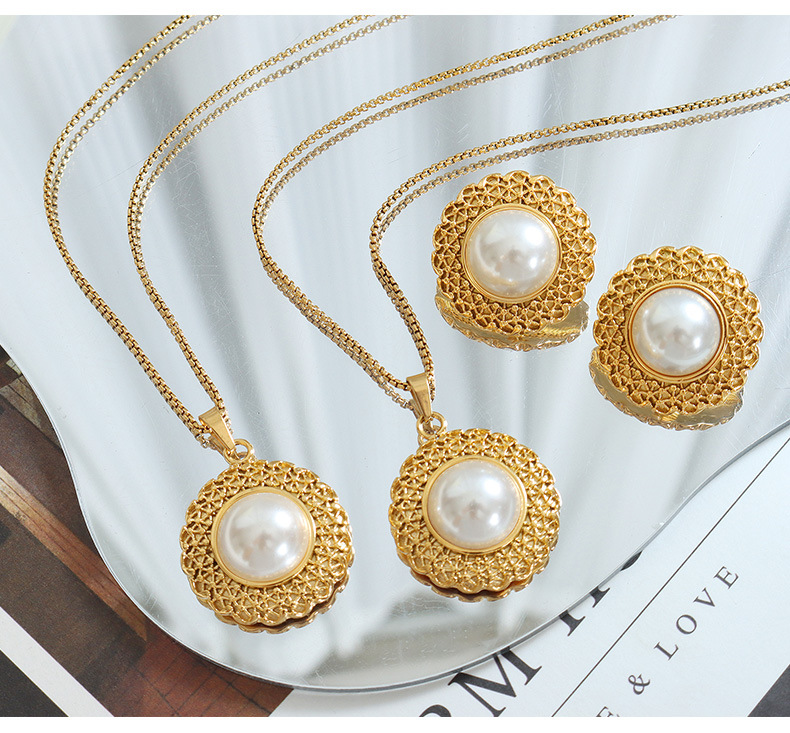 Fashion Flower Titanium Steel Plating Pearl Earrings Necklace