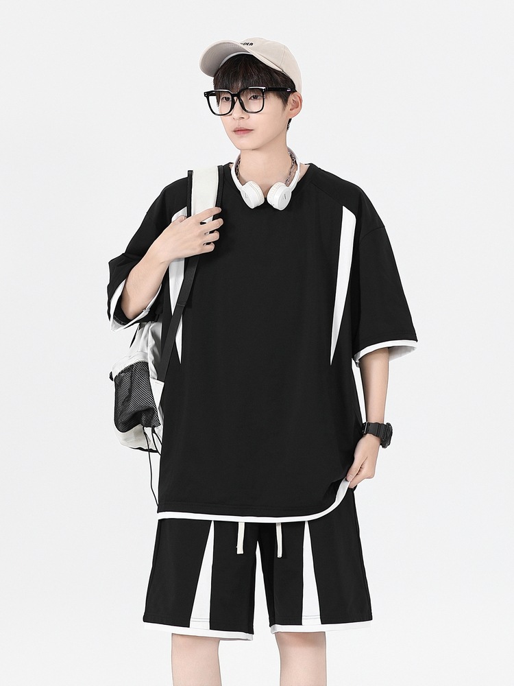 Verano versión suelta camiseta de cuello redondo manga corta pantalones cortos hombre juego de ocio deportivo juvenil hombre guapo juego de dos piezas