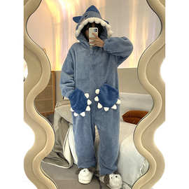 可爱鲨鱼连帽珊瑚绒睡衣女冬款网红风2025新款加绒加厚居家连体衣