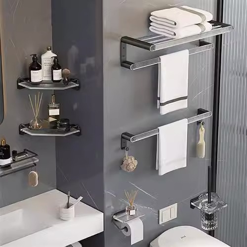 Luz de lujo negro toallero acrílico toalla rack de almacenamiento de baño rack ponche libre de hardware colgante traje de baño