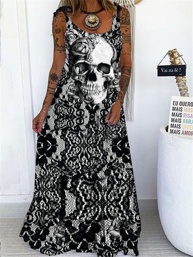 Women's A-line Skirt Punk V Neck Printing Sleeveless Printing Maxi Long Dress Daily display picture 3