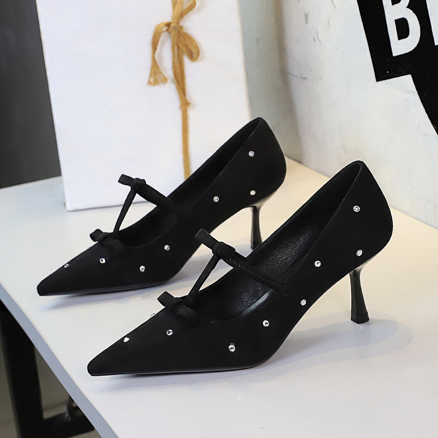 9517-1 Women's High Heels With Bowknot, Elegant And Sexy, Thin Heel, Shallow Mouth, Suede, Pointed Toe, Rhinestone,_vogvips.com