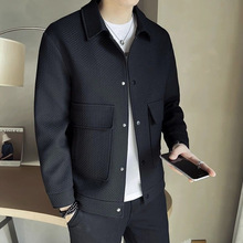 黑色华夫格外套潮流男款春秋2024新款男装高级感成熟稳重休闲夹克