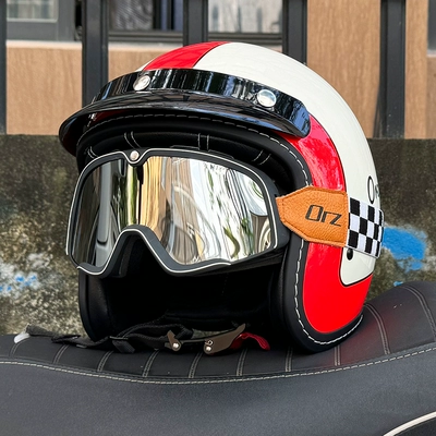 Motosiklet dəbilqələri with Bluetooth - m-ivory-white-red-ring-retro-black-silver-goggles
