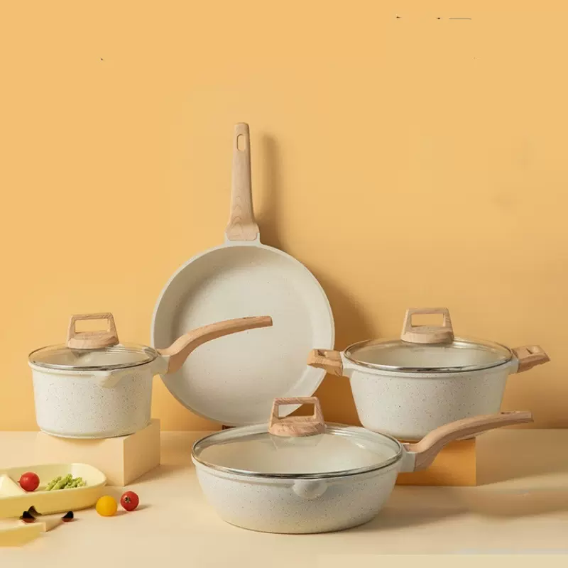 跨境麦饭石不粘锅高颜值汤锅煎炒蒸煮奶锅电磁炉平底锅锅具套装