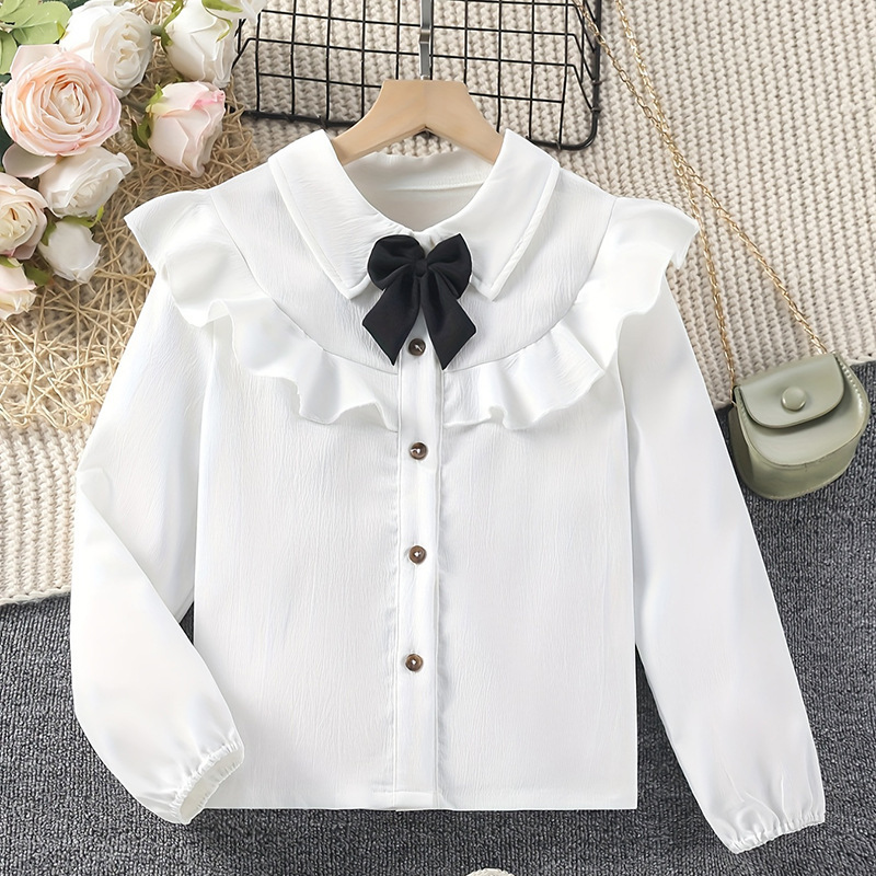 Girls' Shirt 2024 Spring Foreign Trade New Dress Bow Shirt Western Style Children's Suit White Shirt Base