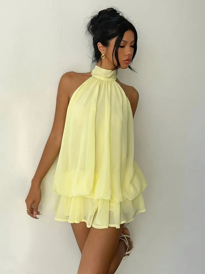 Sexy Mesh Halter Neck Tea Break Dress For Women Summer Beach Vacation Stylish Hot Girl Party Dress_ecoleips.com