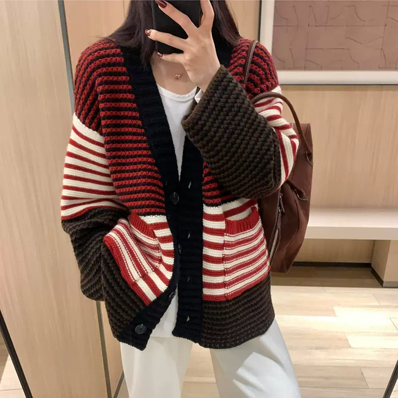 欧货撞色条纹v领毛衣外套女2025秋季新款慵懒风宽松加厚针织开衫