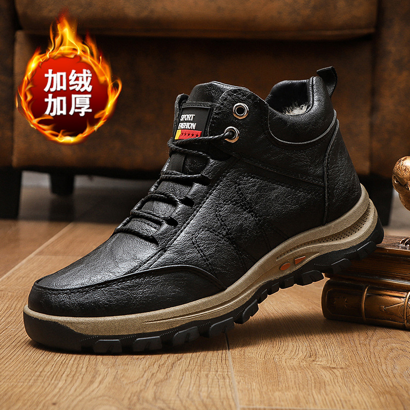 man Cotton-padded shoes winter new pattern leather shoes thickening Plush keep warm Riding boots non-slip outdoors Climbing shoes Snow boots