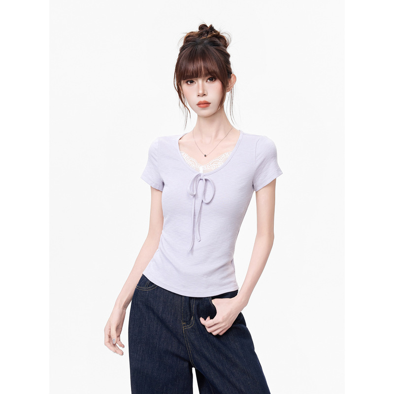 Jiyou Korean Style V-Neck Lace Splicing Right-Shoulder Short-Sleeved T-Shirt for Women 2026 Summer Unique Slim-Fitting Lace-Up Top
