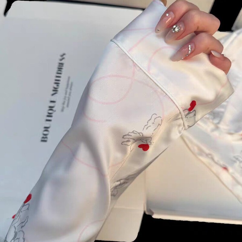[Cupid's Arrow] Cartoon Cute Ice Silk Pajamas for Women, Spring and Autumn Thin Long-Sleeved Sweet Home Wear Set