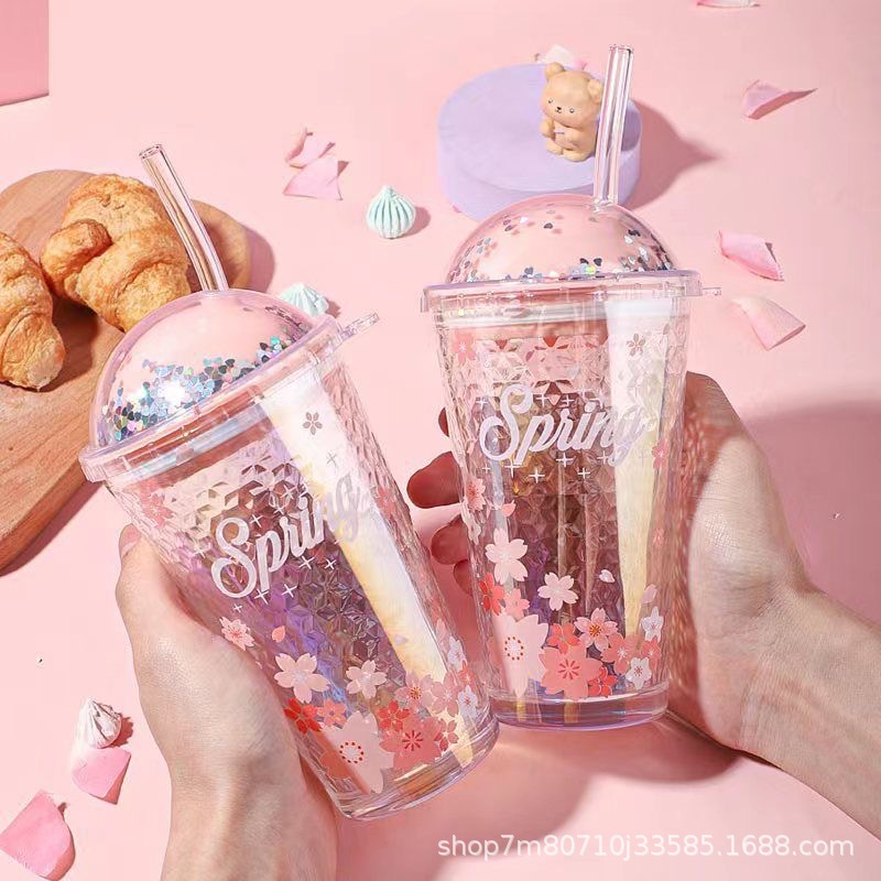 Vidrio Patrón de martillo taza de paja de alto aspecto flor de cerezo taza de agua Internet celebridad paja taza estudiante taza de café taza de paja al por mayor