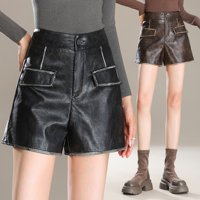 Brand Autumn and Winter High-End Versatile Shorts for Women, Korean Style Sheepskin High-Waisted Slim Fit Petite Fashion Versatile Leather Pants Brand Autumn and Winter High-End Versatile Shorts for Women, Korean Style Sheepskin High-Waisted Slim Fit Petite Fashion Versatile Leather Pants