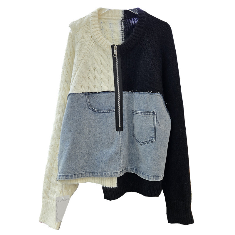 Europa y los Estados Unidos de color contrastante jeans empalme color contrastante chaqueta de punto retro nicho de diseño corto 2025 nuevo abrigo