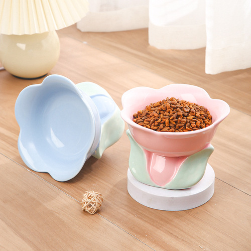 Manufacturer Direct Sale Flower Ceramic Cat Bowl Cat Feeding Dish Pet Bowl Cat Dish Dog Bowl Slanted Mouth Neck Protection Cat Food Bowl New Product