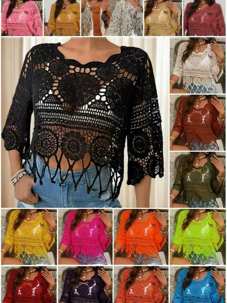 Women's Plain Edge-Cut Hollow-Out Cover-Up, Suitable for Beach Vacation Style Spring and Autumn Outfits