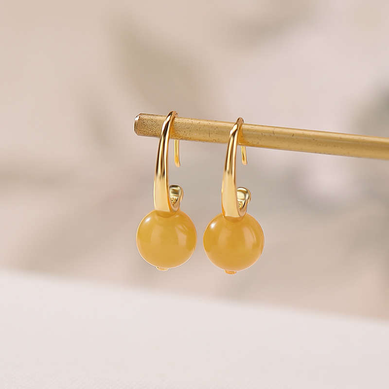 Khuyên tai hoop bạc S925 mạ vàng đính ngọc tự nhiên đơn giản — Mật ong sáp