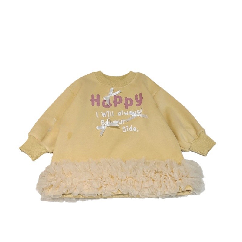 Vestido de niñas otoño y invierno letras extranjeras impresión arco y camisa de lana vestido de malla para niños