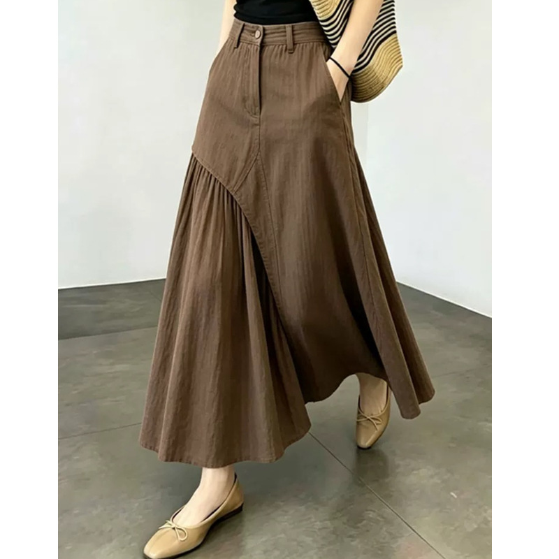 Brown patchwork design midi skirt for women, 2026 summer new style, fashionable and chic, unique everyday long skirt.