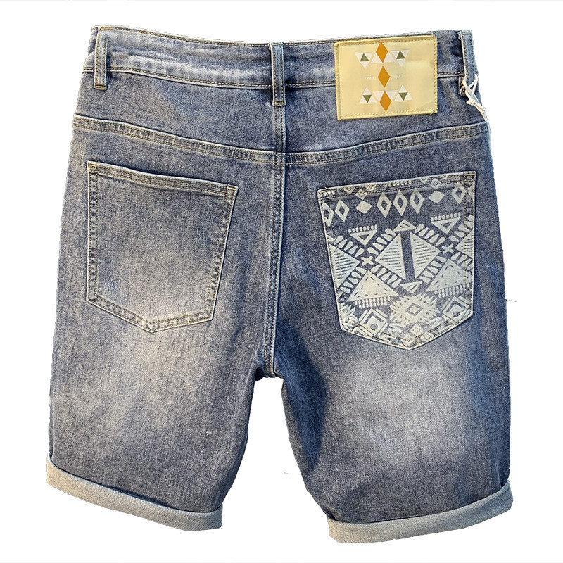 Men's Clothing Men's High End Light Luxury Printed Denim Shorts Style Slim Fit Summer Casual Pants Trendy Retro Five Point_mkmklike.com