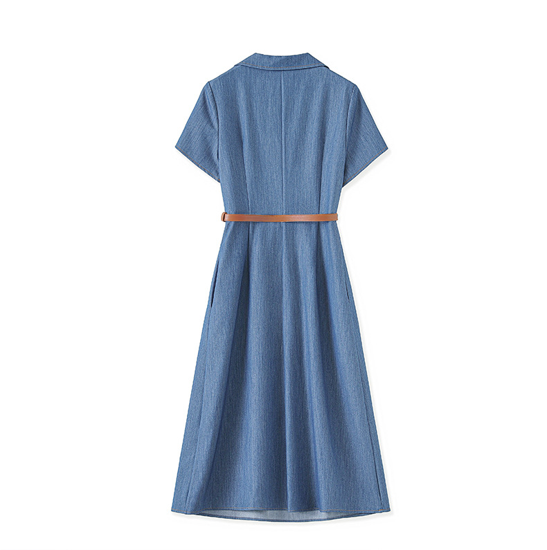 Váy liền denim sơ mi kiểu Pháp thắt eo thanh lịch — Màu xanh lam nhạt chi tiết 16