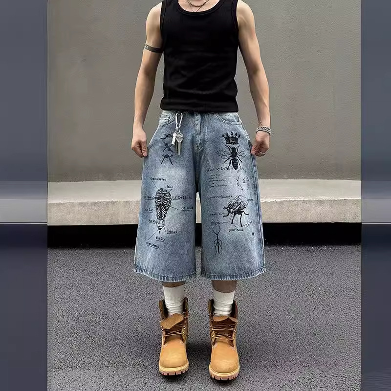 American Street Graffiti Print Denim Pants Unisex Summer Loose Fashionable Retro Cropped Short Pants American Street Graffiti Print Denim Pants Unisex Summer Loose Fashionable Retro Cropped Short Pants