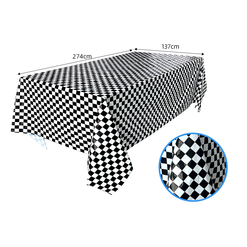 Suministros de decoración para fiestas de carreras, mantel desechable de peva engrosado con tablero de ajedrez, venta al por mayor, mantel impermeable, PE a cuadros blanco y negro
