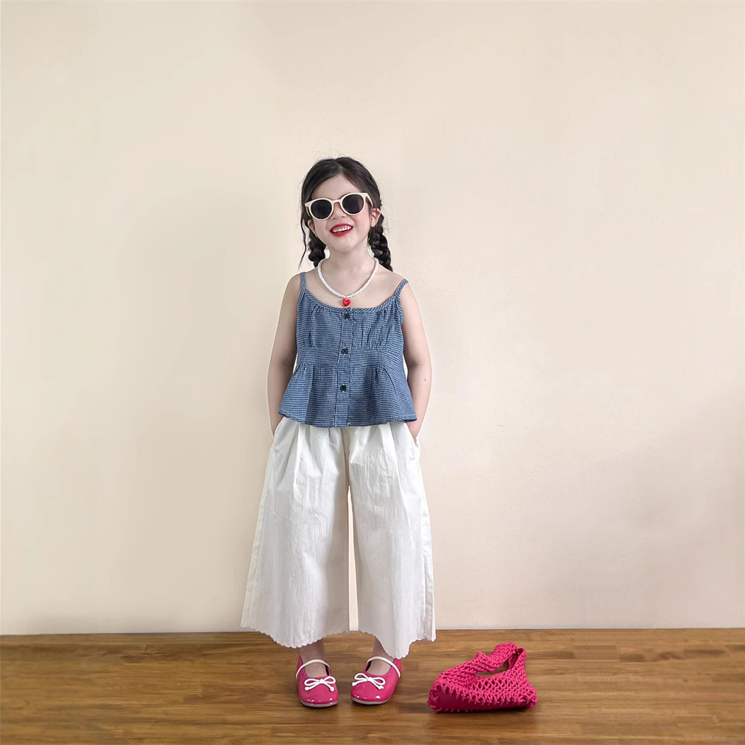 Korean Style Girls Suit 2025 Summer Style Small Fresh Fine Blue Plaid Halter Top White Casual Pants Embroidered Suit