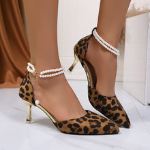跨境大码豹纹串珠高跟凉鞋2025夏季新款性感时尚中空尖头细跟单鞋