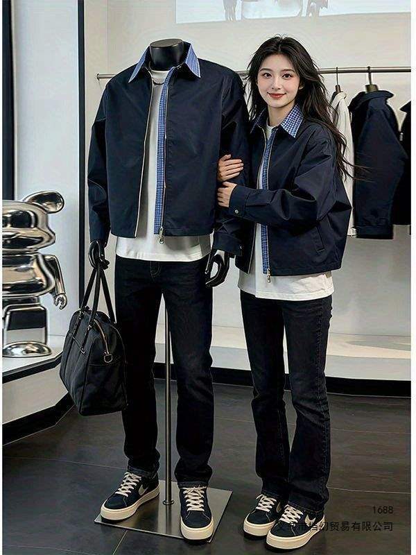 藏青色假两件格子拼接夹克男款春季痞帅感正肩外套美式棒球服现货