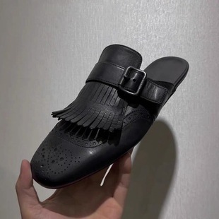 Vintage Baotou Slippers Women's Spring New British Style Flat Tassel Carved Half Slippers Fashionable All-match Muller Shoes