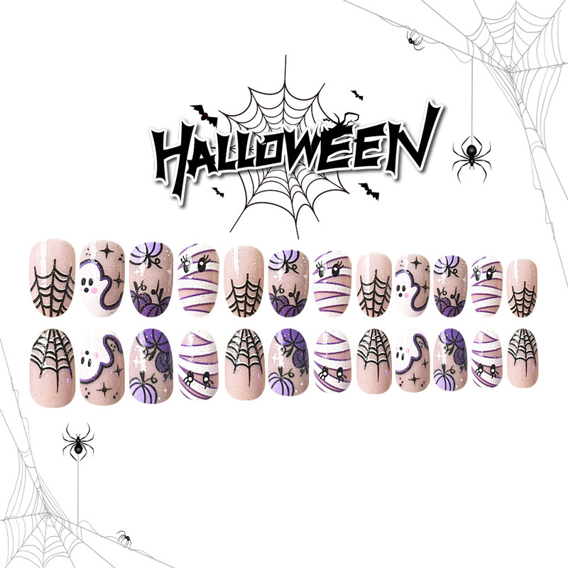 パープルカボチャゴーストミイラハロウィンクリエイティブ新しいインスタイルホワイトクロスボーダーショートラウンドフェイクネイル|undefined