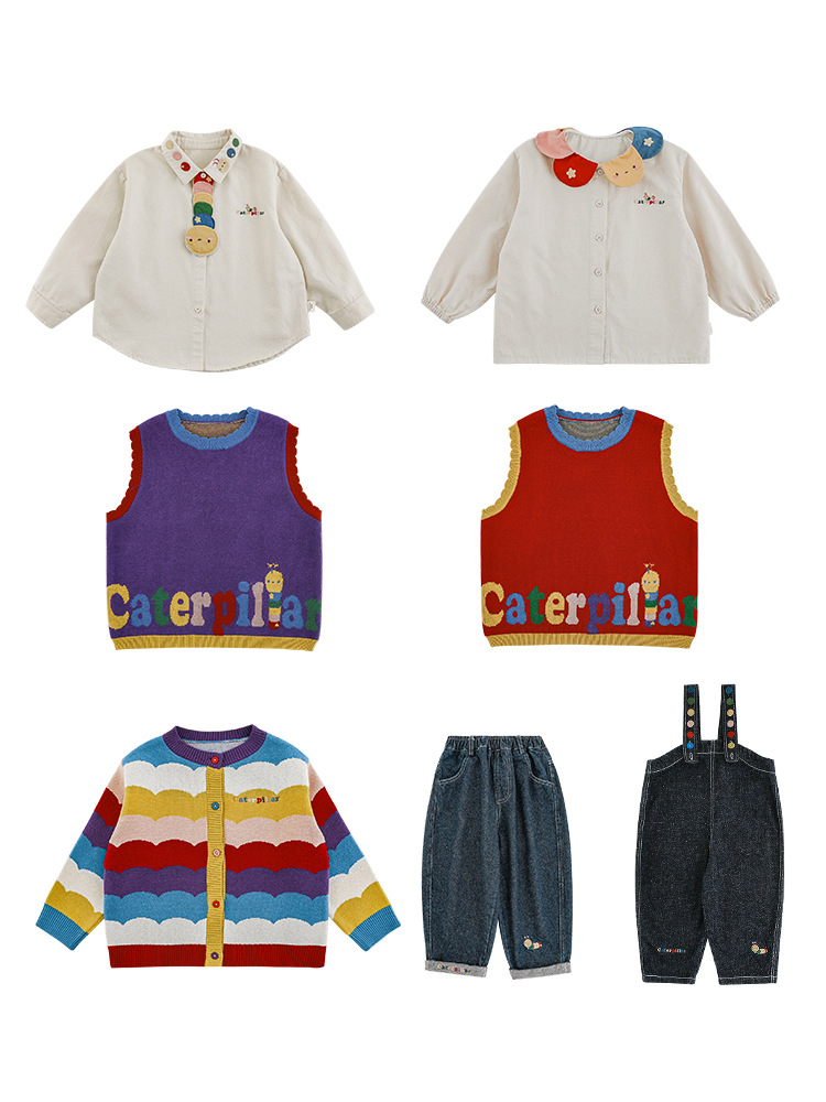 Wulibu Girls' Rainbow Series Set 2026 Spring Vest Jacket with Bug Embroidery Shirt and Wide-Leg Overalls