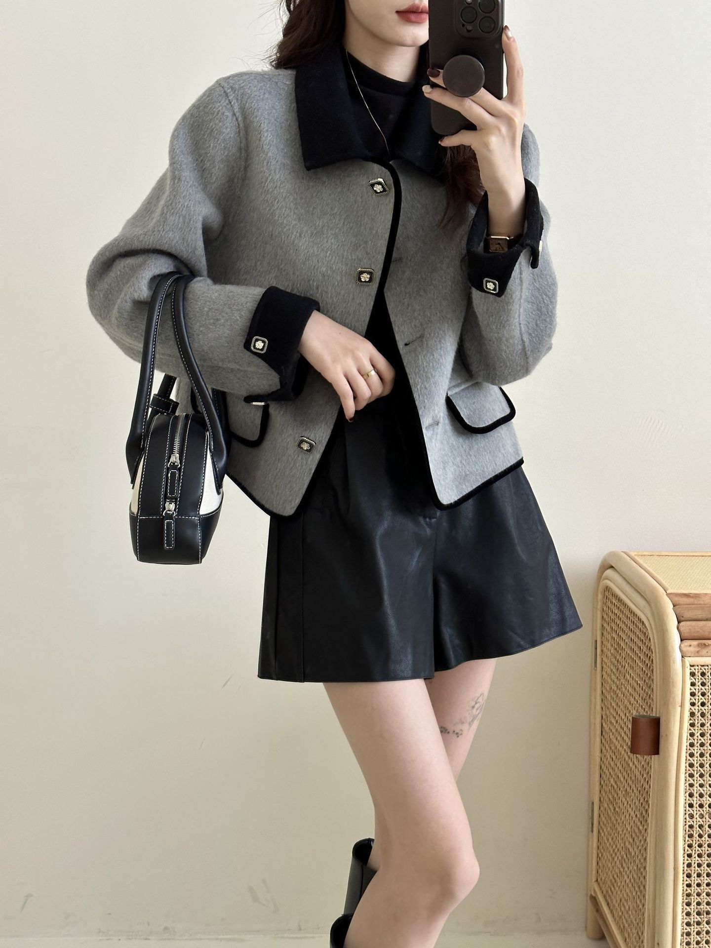 小香风金属扣双面尼大衣女短款小个子设计感高级精致外套