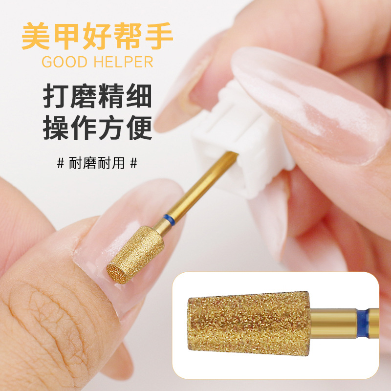 Cabezal de pulido de diamante chapado en oro transfronterizo, exfoliante de bolsillo, pretratamiento, cabezal de pulido largo fusiforme, manicura profesional