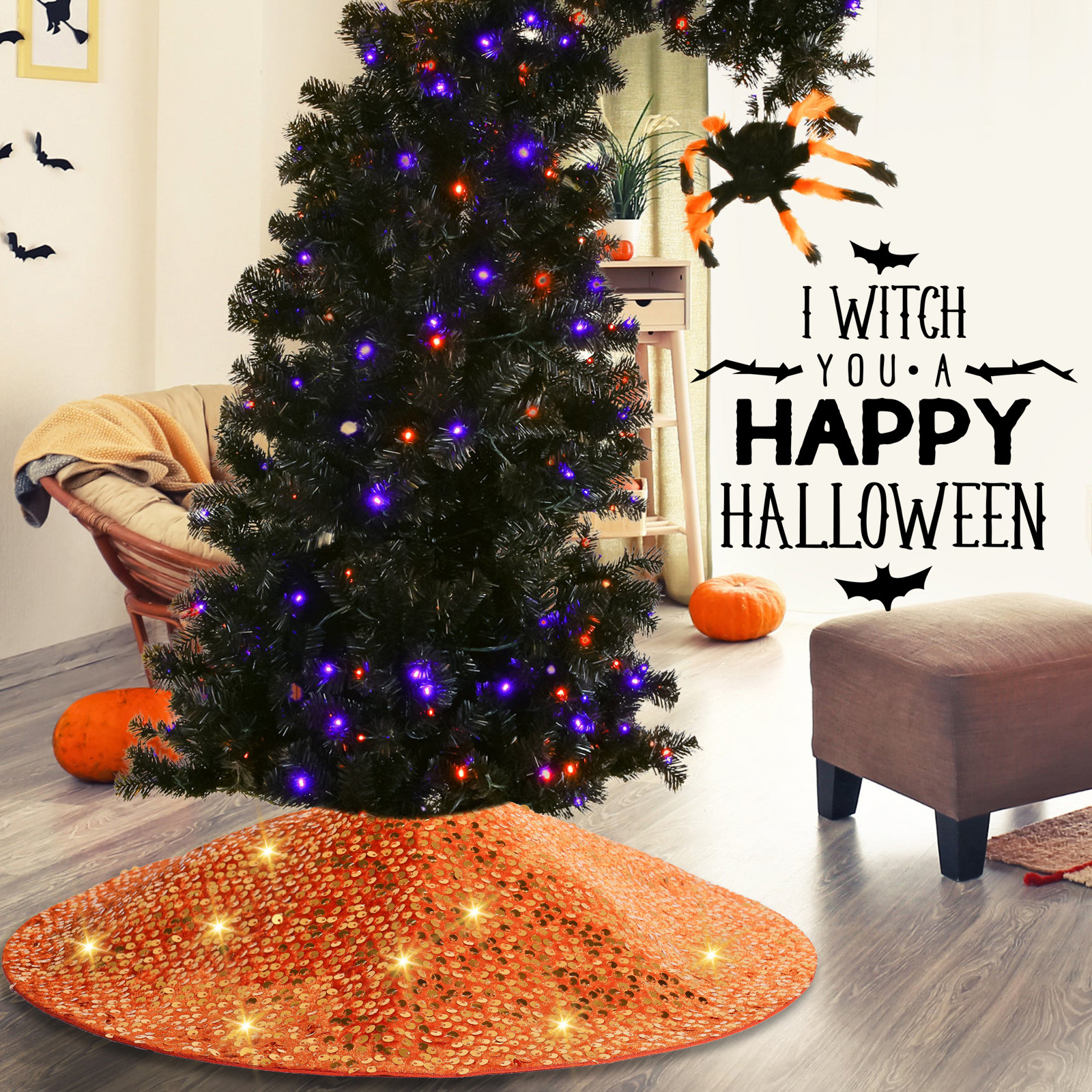 Halloween transfronterizo de alta calidad brillante perlas falda de árbol delantal naranja creativo atmósfera de vacaciones accesorios de árbol decoración