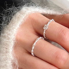 s925純銀方鑽素戒女ins冷淡風簡約鏤空鏈條戒指ins高級感開口指環