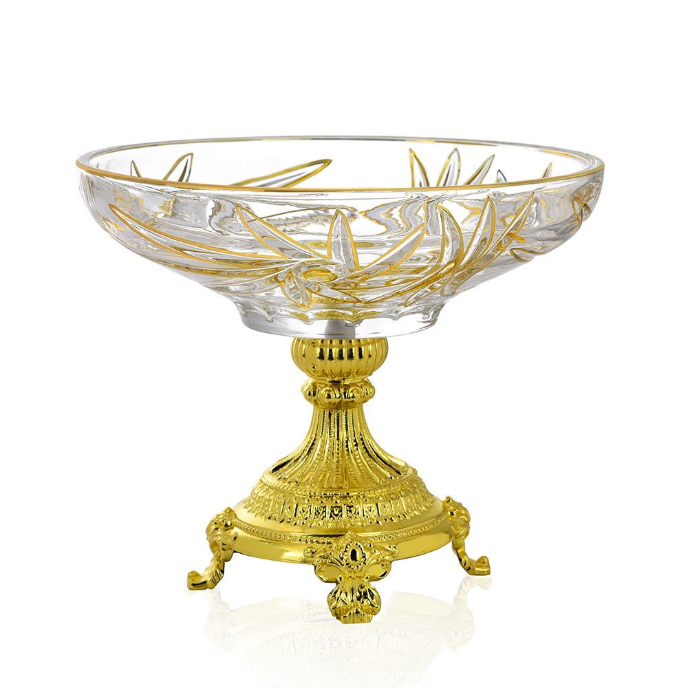 欧美水晶玻璃轻奢水果盘 现代客厅高脚描金装饰果斗 家居摆件特价