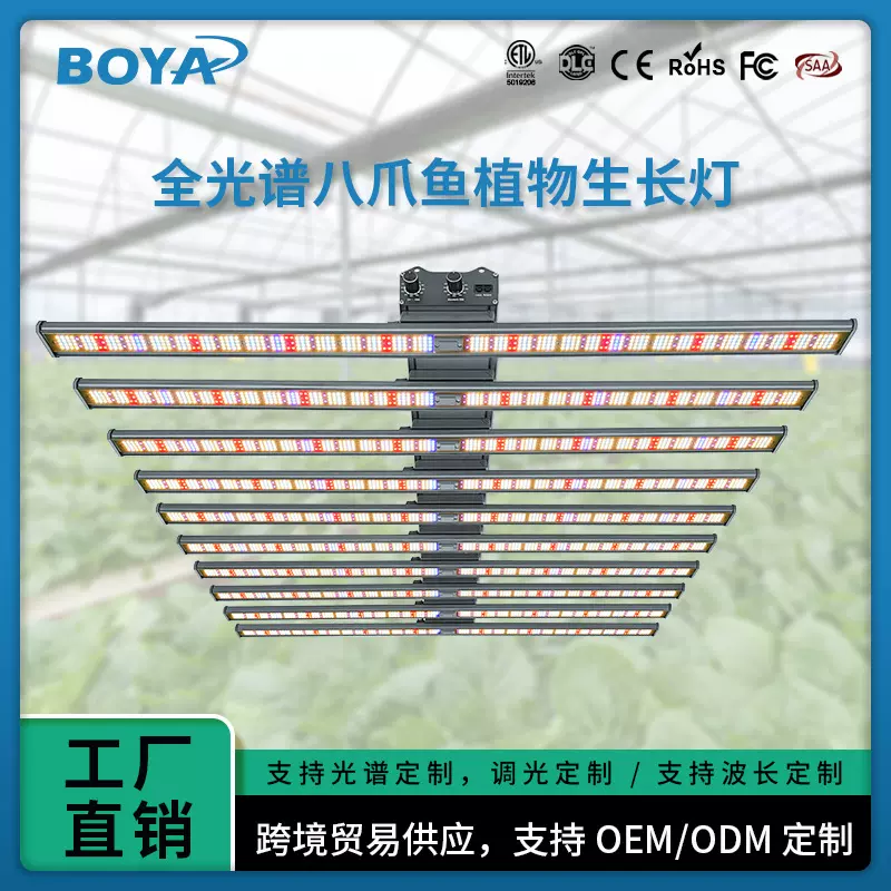 led全光谱大棚植物灯1000w八爪鱼补光灯2路uv紫光调光植物生长灯