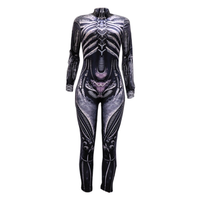 FD518 Disponible en stock. Mono ajustado de fiesta con estampado de esqueleto para mujer, Halloween 2025.