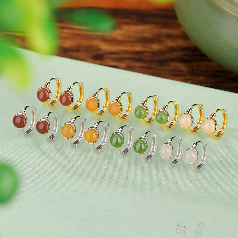 Bông tai kẹp tai nữ bạc S925 mạ vàng đính đá jasper đỏ hình hạt tròn phong cách đơn giản — Kiểu jasper màu bạc