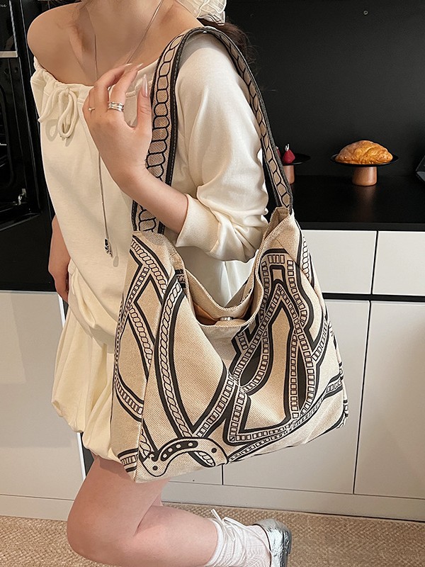 Bolsos para mujer 2025 nuevo estilo con estampado de lino de gran capacidad bolso de viaje casual tendencia perezosa bolso de hombro simple de viaje