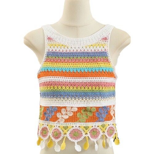 Knit Laced Striped Fringe Strap Backless Top for Women Summer Sleeveless Outerwear Kanjian Ethnic Style Top