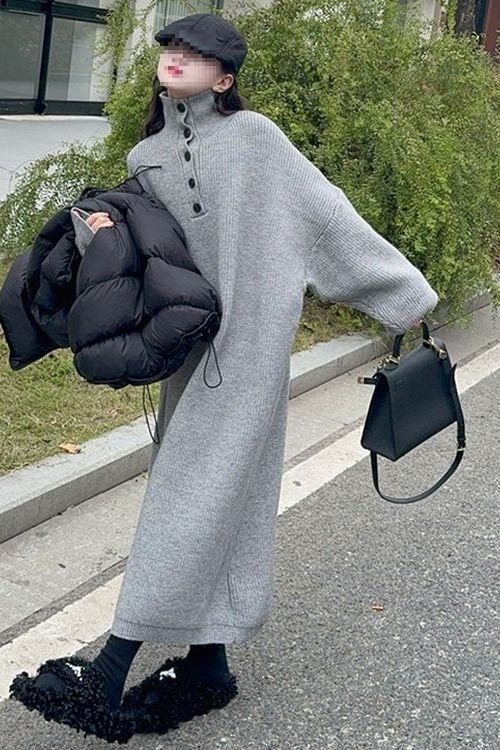 废土风小个子毛衣裙长款灰色针织连衣裙秋冬新款韩版毛衣裙子